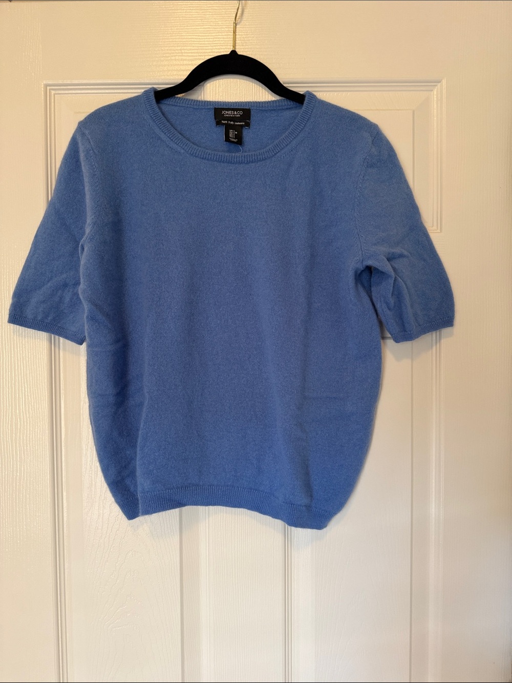 Jones New York Women’s 2ply 100 Cashmere Sky Blue Short-Sleeve Crewneck Sweater